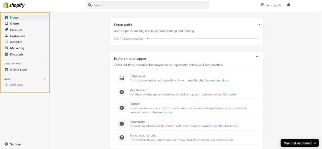 Das Dashboard deiner Shopify Seite