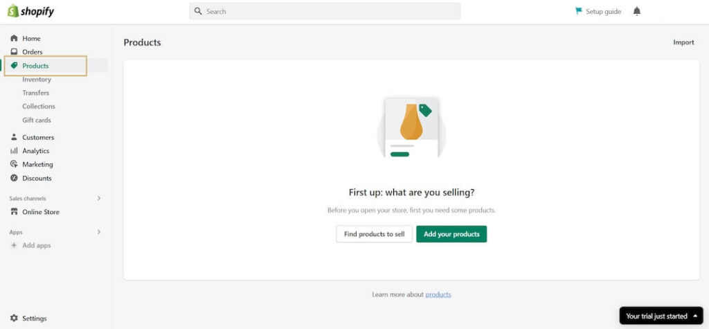 Produkt Menü im Shopify Interface