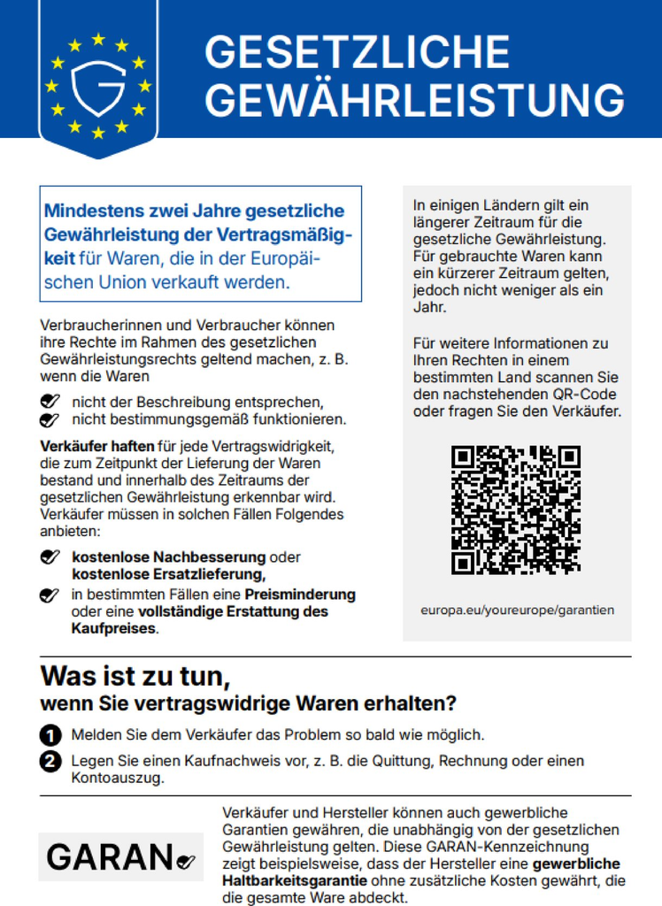 EU warranty and guarantee label in Shopify, Golden Web Age GmbH