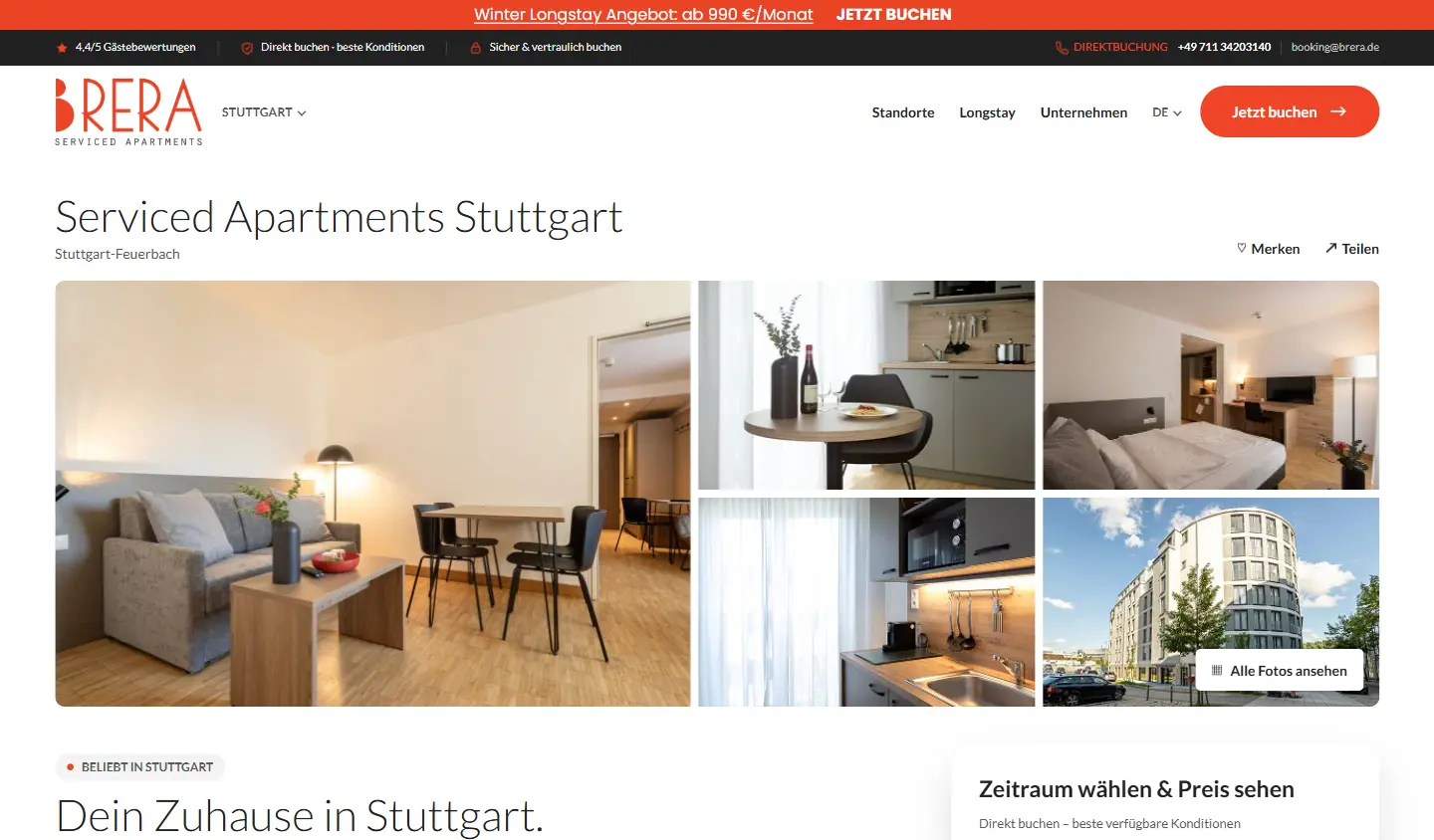 Unveränderte Aufnahme der live Brera Stuttgart Standortseite