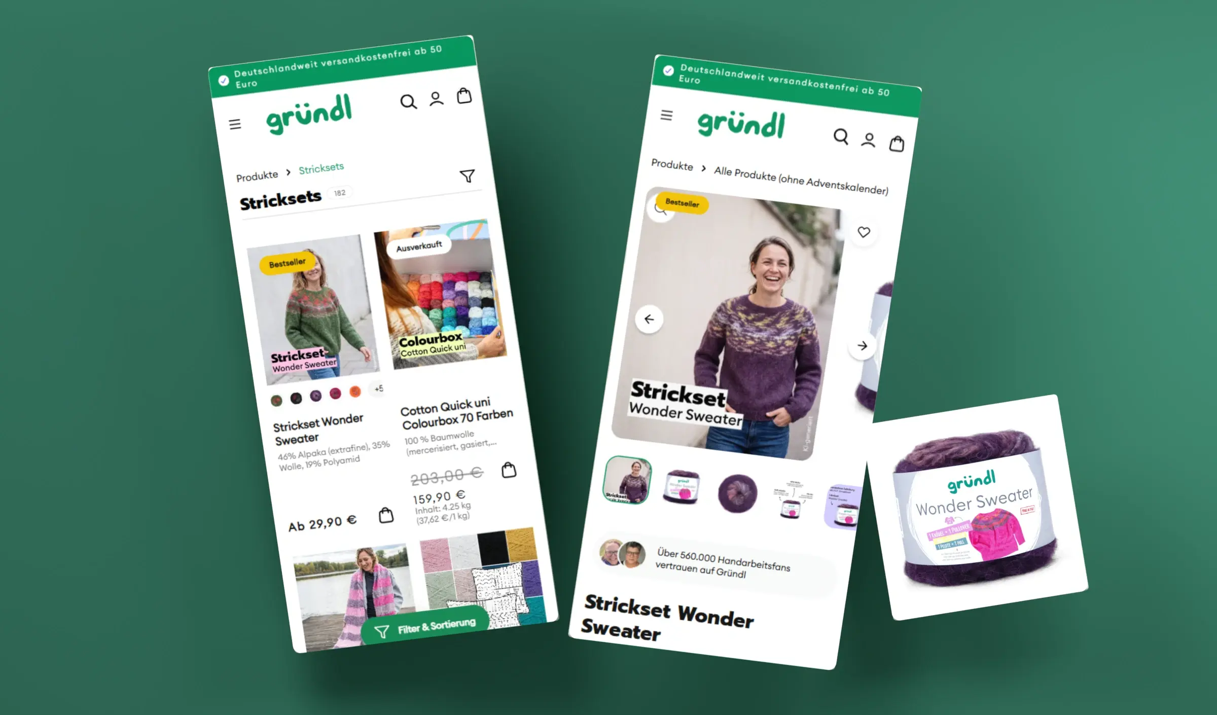 Originale mobile Gründl Kategorie und Produktgalerie als schwebende Panels