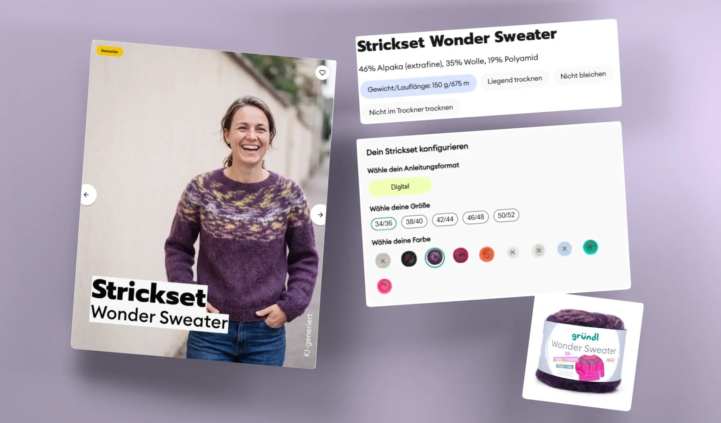 Originale lila Wonder-Sweater-Galerie, Garn und vollständige Konfiguration