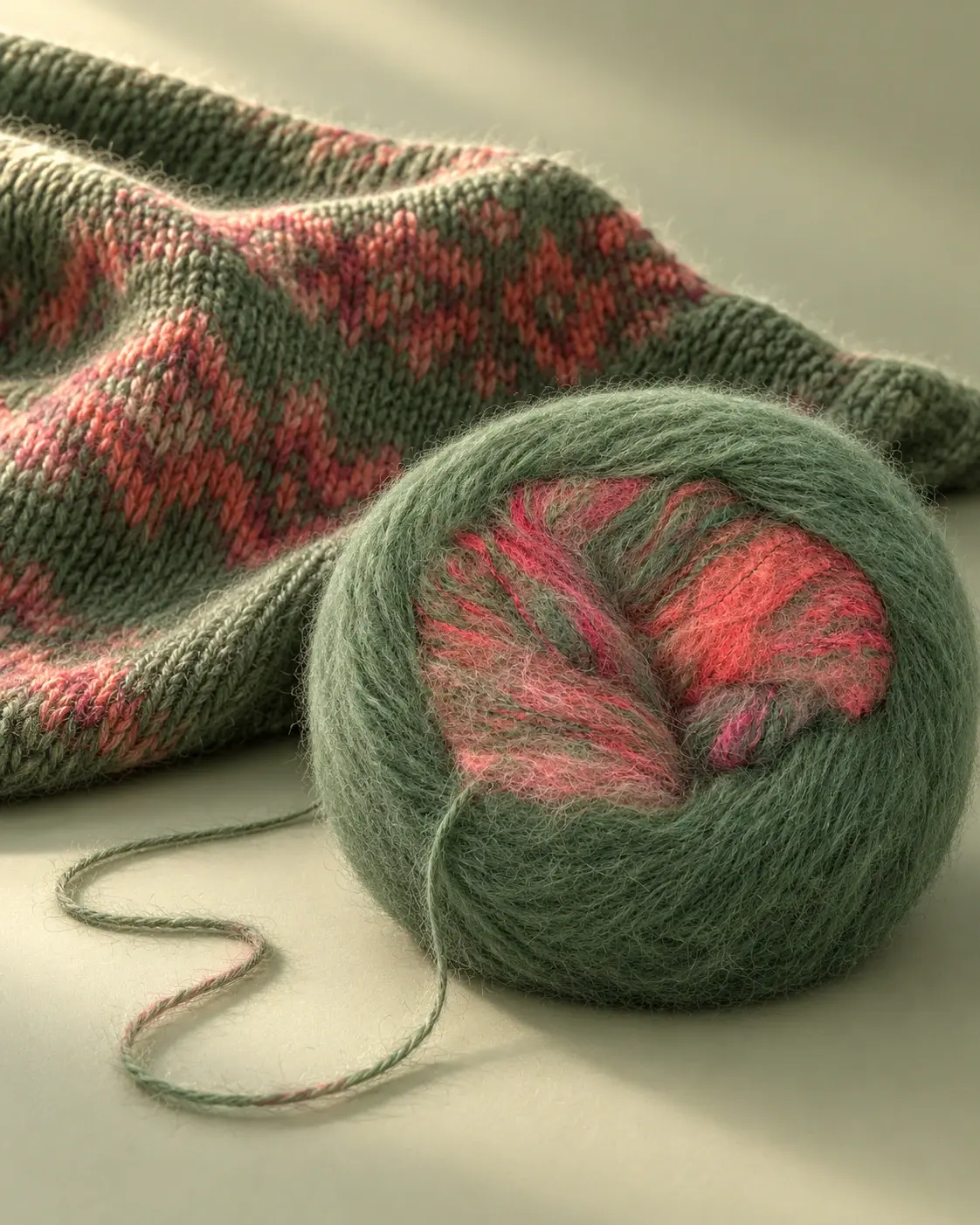 Inszenierte Materialstudie: moosgrünes Garn mit Korall- und Rosatönen neben einer gestrickten Textur