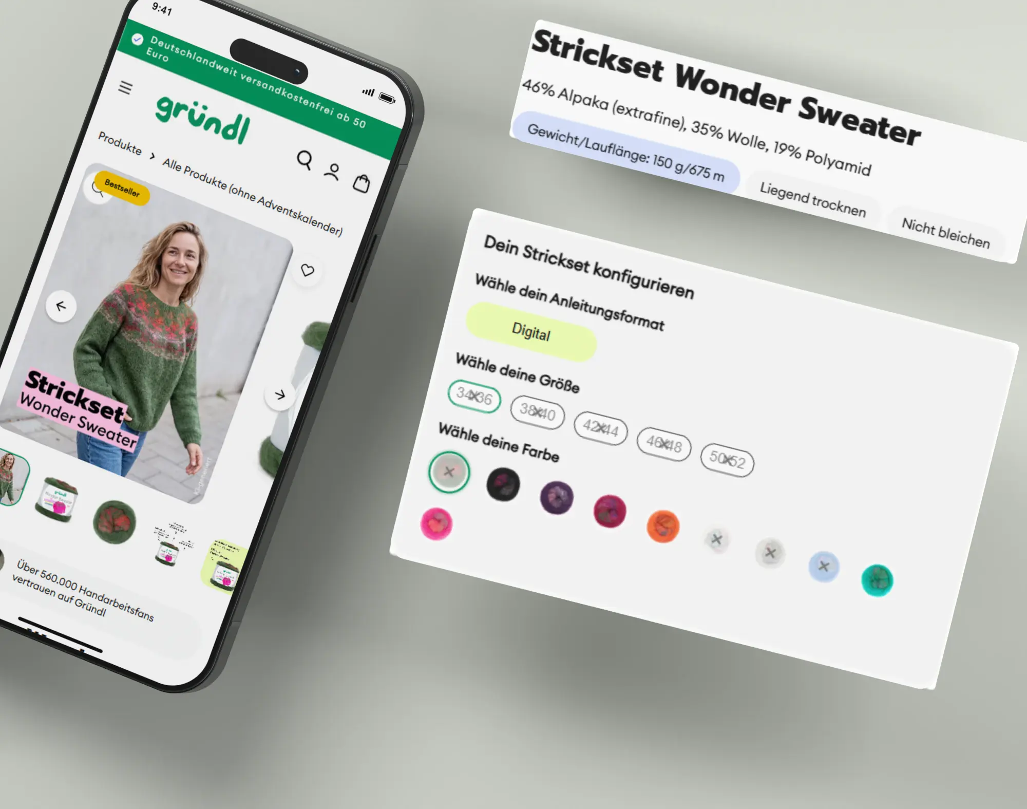 Originale Gründl Produktkonfiguration mit Digital-Option, fünf Größen und zehn Garnfarben