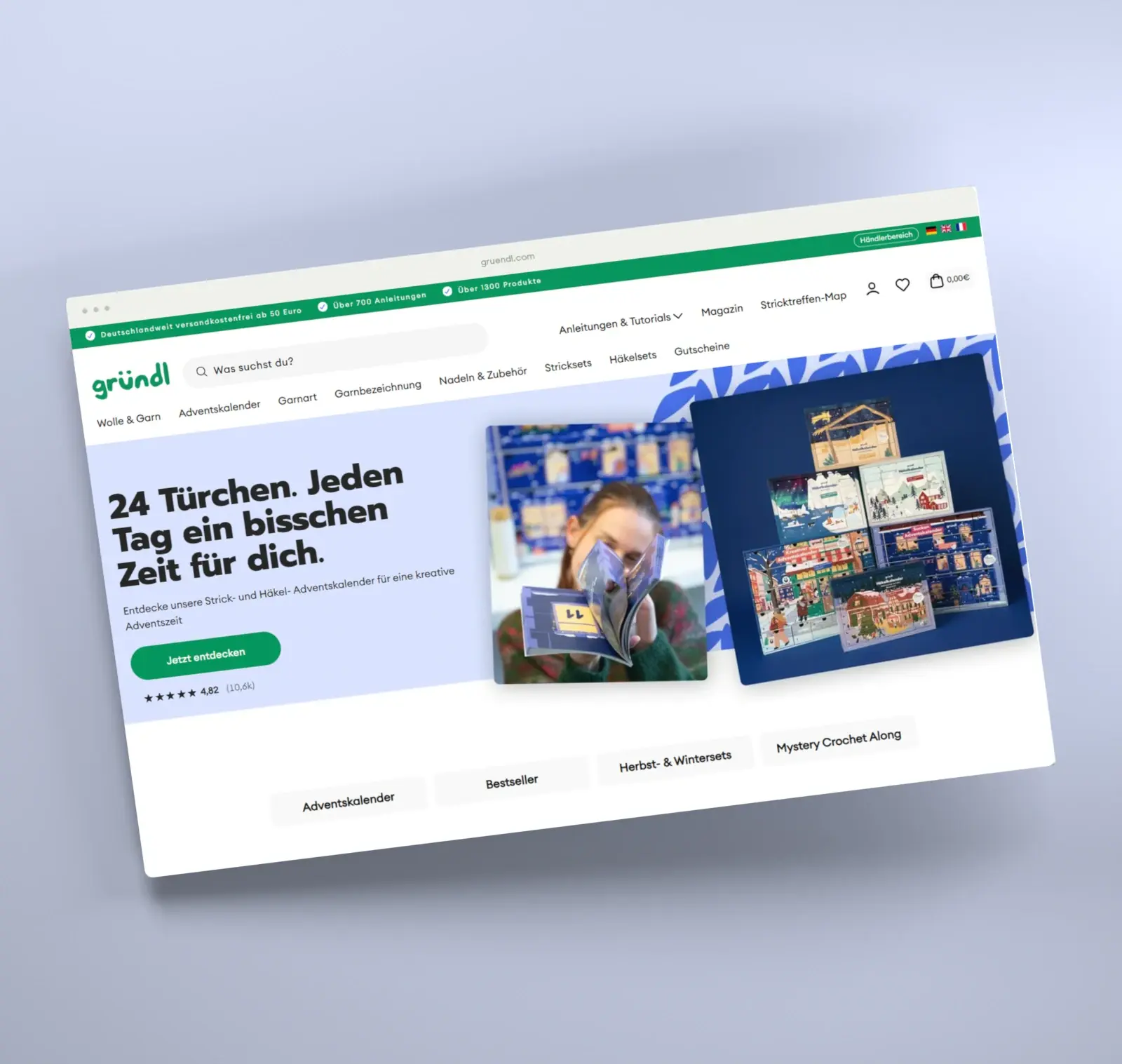 Originale Gründl Startseite als schwebendes Browser-Panel