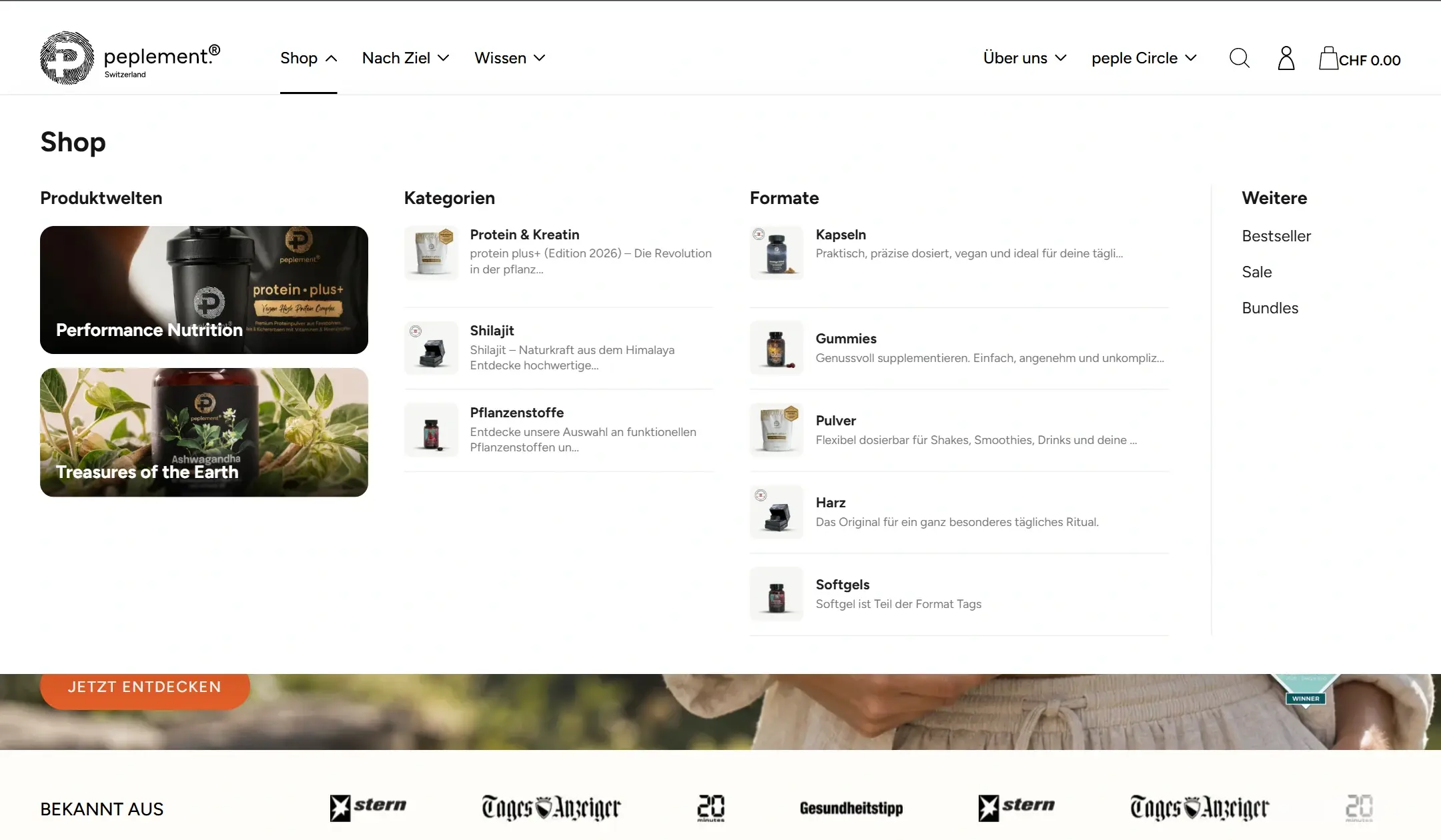 Peplement Shop-Navigation: ausgerichtete Desktop-Ansicht